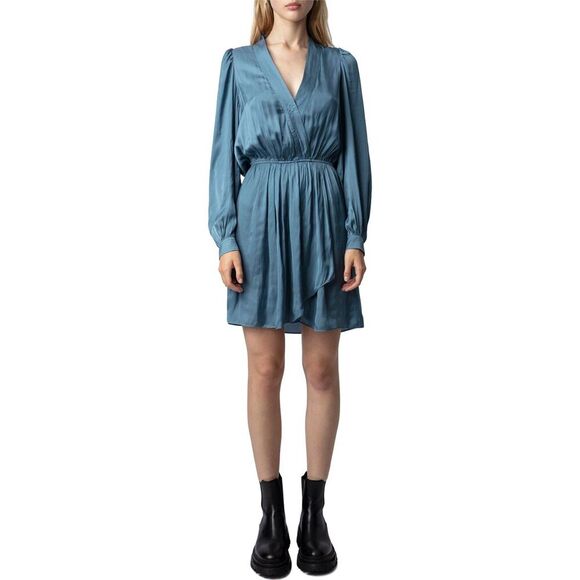 Zadig & Voltaire "Remember Satin" Blue Grey V-Neck Satin Finished Dress sz Small - Picture 1 of 11